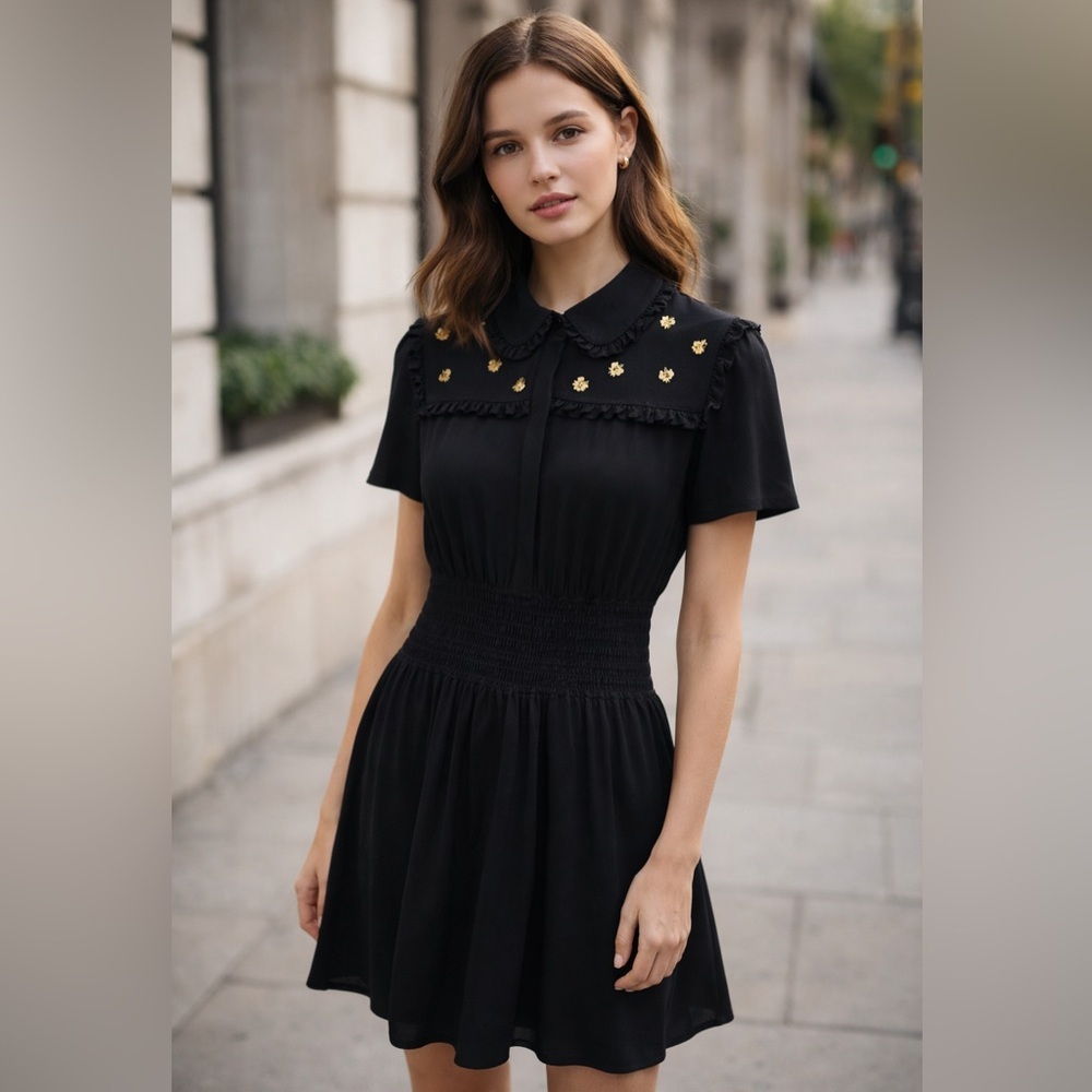 Maje Black Mini Dress Gold Bee Embellished Ruffle Collar Smocked Waist Sz 2